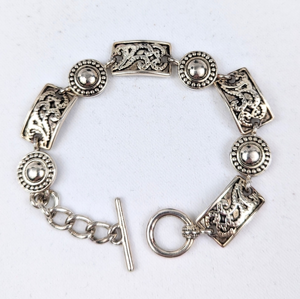 Premier Designs Bracelet Engraved Round & Rectangle Links Bar Clasp Silvertone